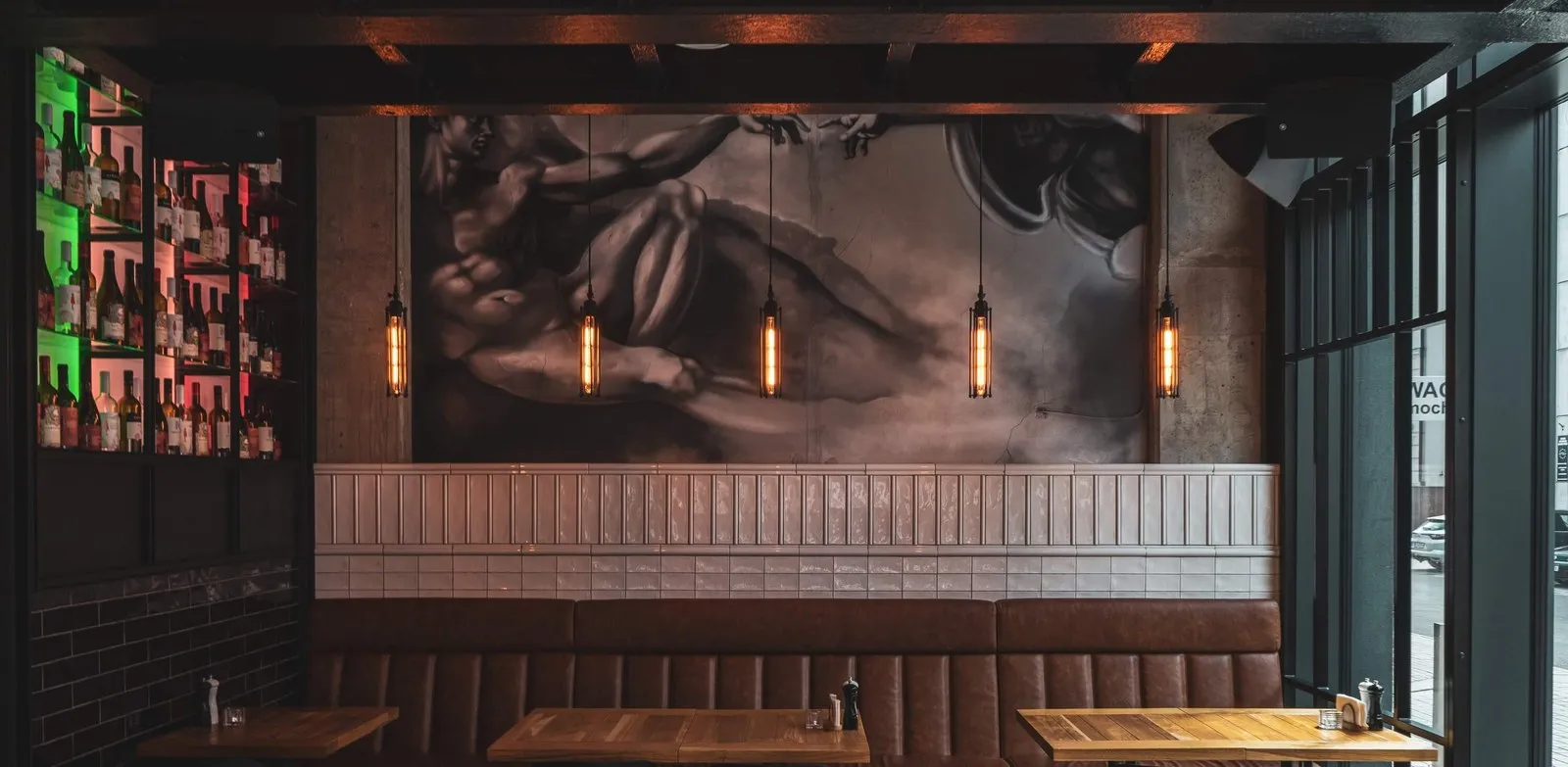 Restaurant interior with dramatic pendant lighting